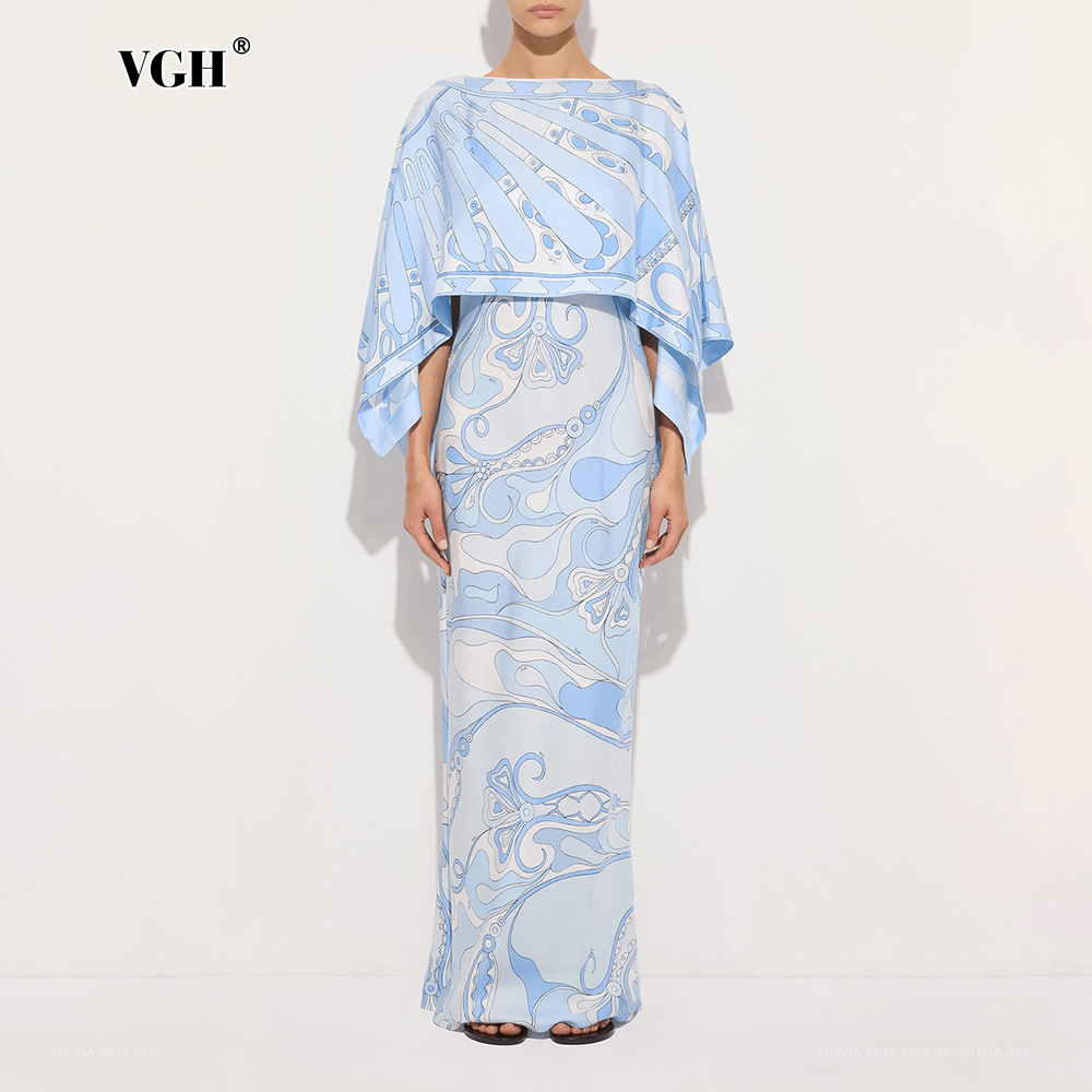 Female Formal Wear - ชุดเซ็ตสองชิ้นลายพิมพ์นามธรรมสีฟ้าอ่อน VGH สำหรับผู้หญิง ชุดเดรสเข้ารูปพร้อมเสื้อคลุมคอวีทรงหลวมสำหรับงานแต่งงาน งานกาล่า