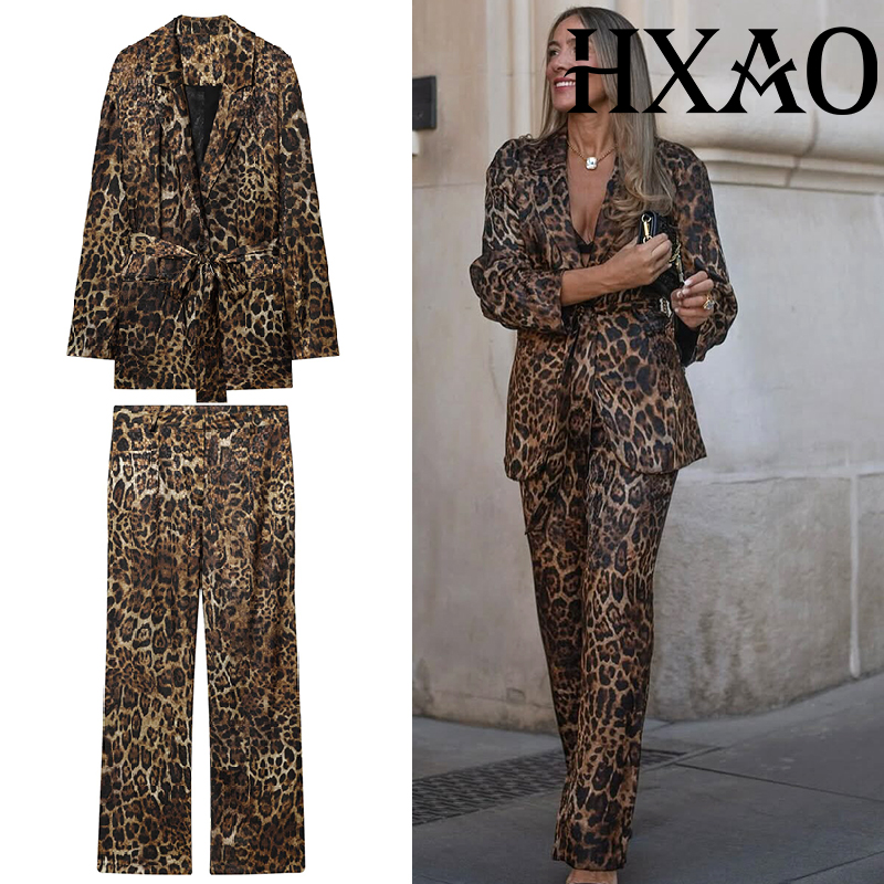 Female Formal Wear - ชุดเซ็ตเสื้อผ้าลายเสือดาว HXAO ชุดเซ็ต 2 ชิ้น เสื้อเบลเซอร์ยาวสไตล์วินเทจ