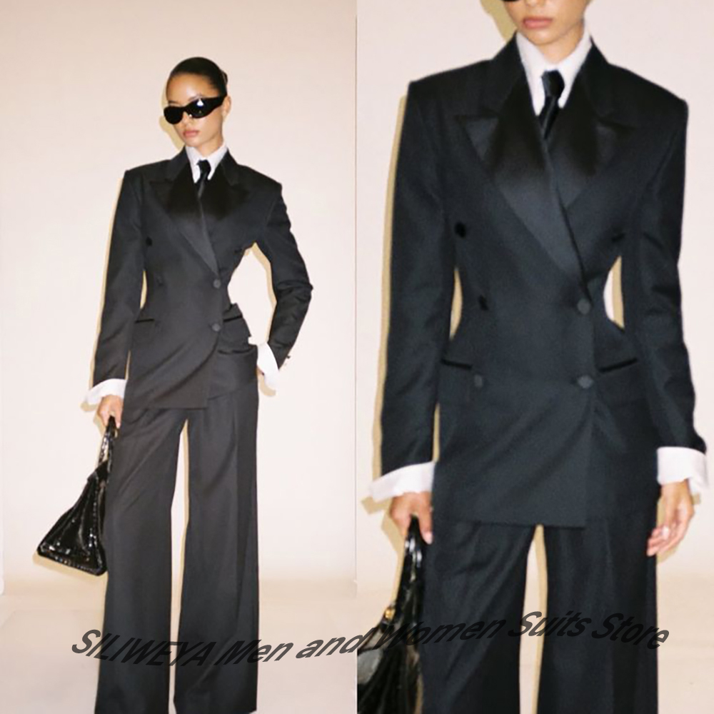 Women Formal Wear Shirts - ชุดสูทผู้หญิงสีดำแบบกระดุมสองแถว ทรงเข้ารูป แจ็คเก็ต+กางเกง ชุดทักซิโด้สำหรับงานทางการ ชุดทำงานสุภาพสตรี ชุดออกงานกลางคืน