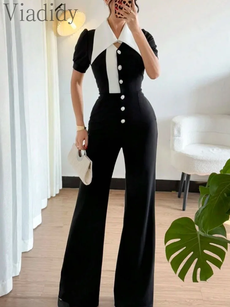 Women'S Formal Jumpsuit Evening Wear - จั๊มสูทขายาวทรงกว้าง คอปกติดกระดุม สีสันตัดกัน ดีไซน์หรูหราสำหรับผู้หญิง เหมาะสำหรับใส่ทำงาน ไปงานเลี้ยง