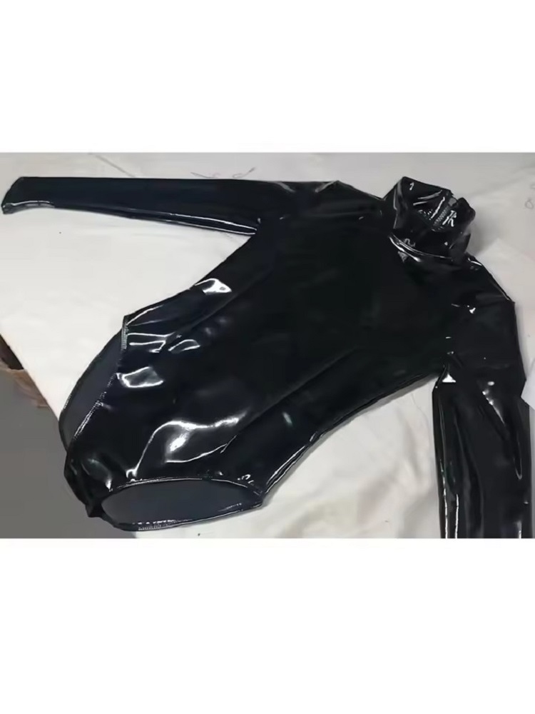 Turtleneck Bodysuit Office - ชุดบอดี้สูทแบบเต็มตัวพิมพ์ลายกระจกเงา PVC ลาเท็กซ์เทียมสำหรับผู้หญิง คอเต่า แขนยาว สไตล์โกธิค