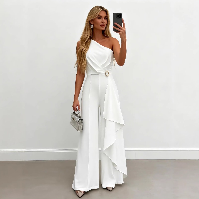 Women'S Formal Jumpsuit Evening Wear - จั๊มสูทสีขาวแบบไหล่เดียวสำหรับผู้หญิง ดีไซน์หรูหรา แต่งระบายช่วงเอว ขากว้าง เหมาะสำหรับงานเลี้ยงตอนเย็น