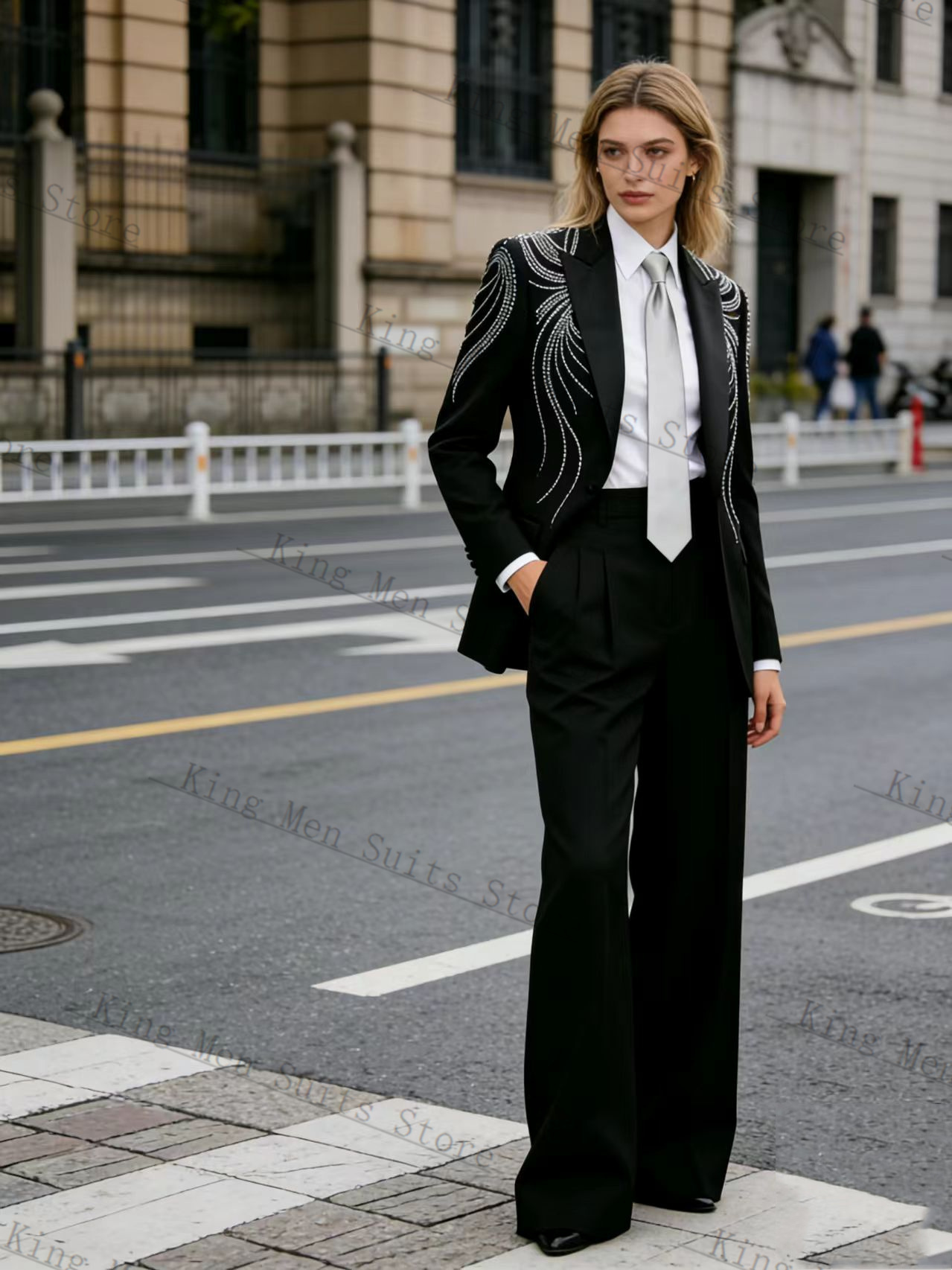 Women Formal Wear Blazer Set - ชุดสูทผู้หญิงสีดำ 2 ชิ้น เสื้อเบลเซอร์+กางเกงขายาว ประดับคริสตัล สำหรับฤดูใบไม้ผลิ