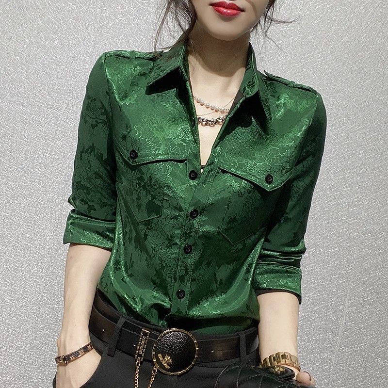Women Formal Wear Shirts - หญิงเสื้อฤดูใบไม้ผลิและฤดูใบไม้ร่วงแขนยาวผู้หญิงเสื้อชุดสํานักงานสวมใส่ทํางานปุ่มอย่างเป็นทางการหลวมสีเขียว XL