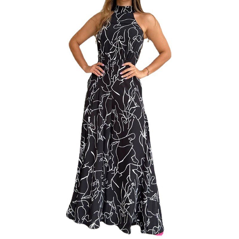 Women'S Formal Jumpsuit Evening Wear - จั๊มสูทผู้หญิงแบบผูกคอ กางเกงขายาว ลายพิมพ์นามธรรม แขนกุด คอสูง สวมใส่สบายๆ