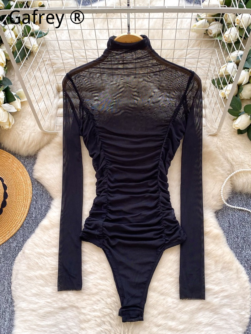 Turtleneck Bodysuit Office - บอดี้สูทตาข่ายสีเทาเซ็กซี่สำหรับผู้หญิง คอลเลคชั่นฤดูใบไม้ผลิ 2026 เสื้อแขนยาวคอเต่าซีทรู ชุดคลับแวร์ จั๊มสูทแบบรอมเปอร์