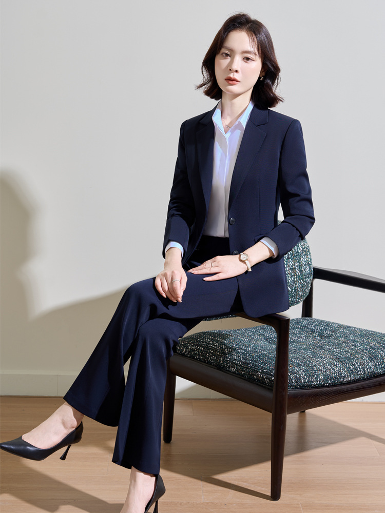 Women Formal Wear For Interview - ชุดสูทสีน้ำเงินกรมท่าสำหรับผู้หญิง ใส่ได้ในฤดูใบไม้ผลิและฤดูใบไม้ร่วง เหมาะสำหรับการสัมภาษณ์และการทำงาน ดูสง่างามและเหมาะสำหรับการเดินทาง กระดุมเดียว