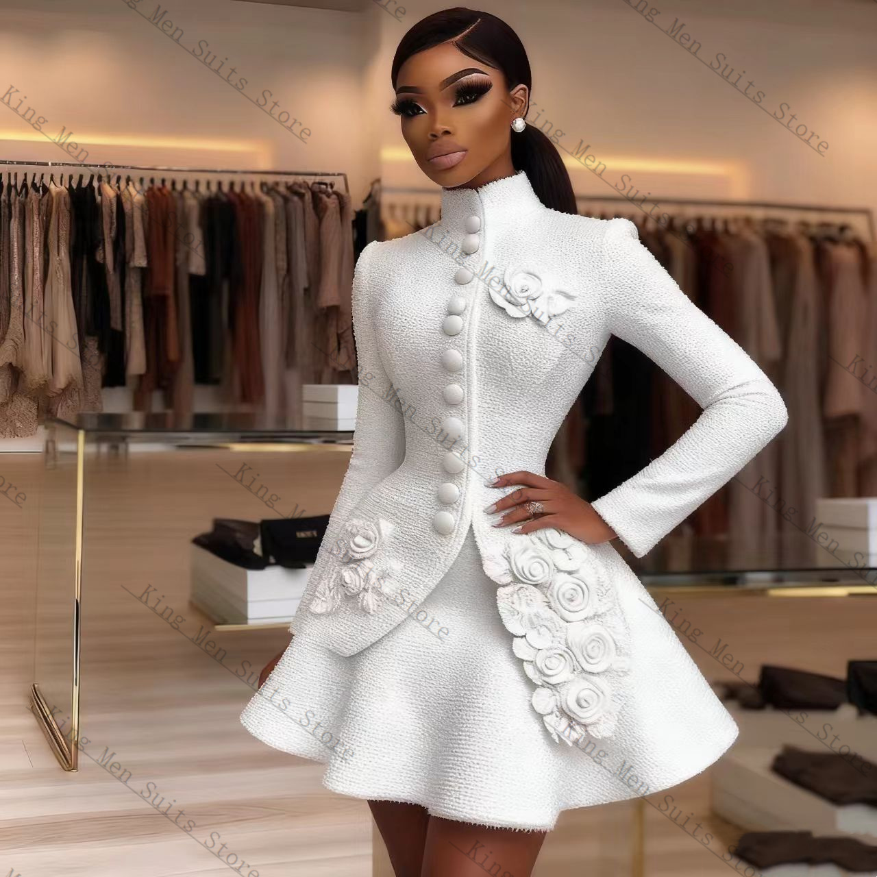 Women Formal Wear Blazer Set - ชุดสูทผู้หญิงสีขาวหรูหรา 2 ชิ้น เสื้อเบลเซอร์+เดรสสั้นทรงมินิ ประดับดอกไม้ 3