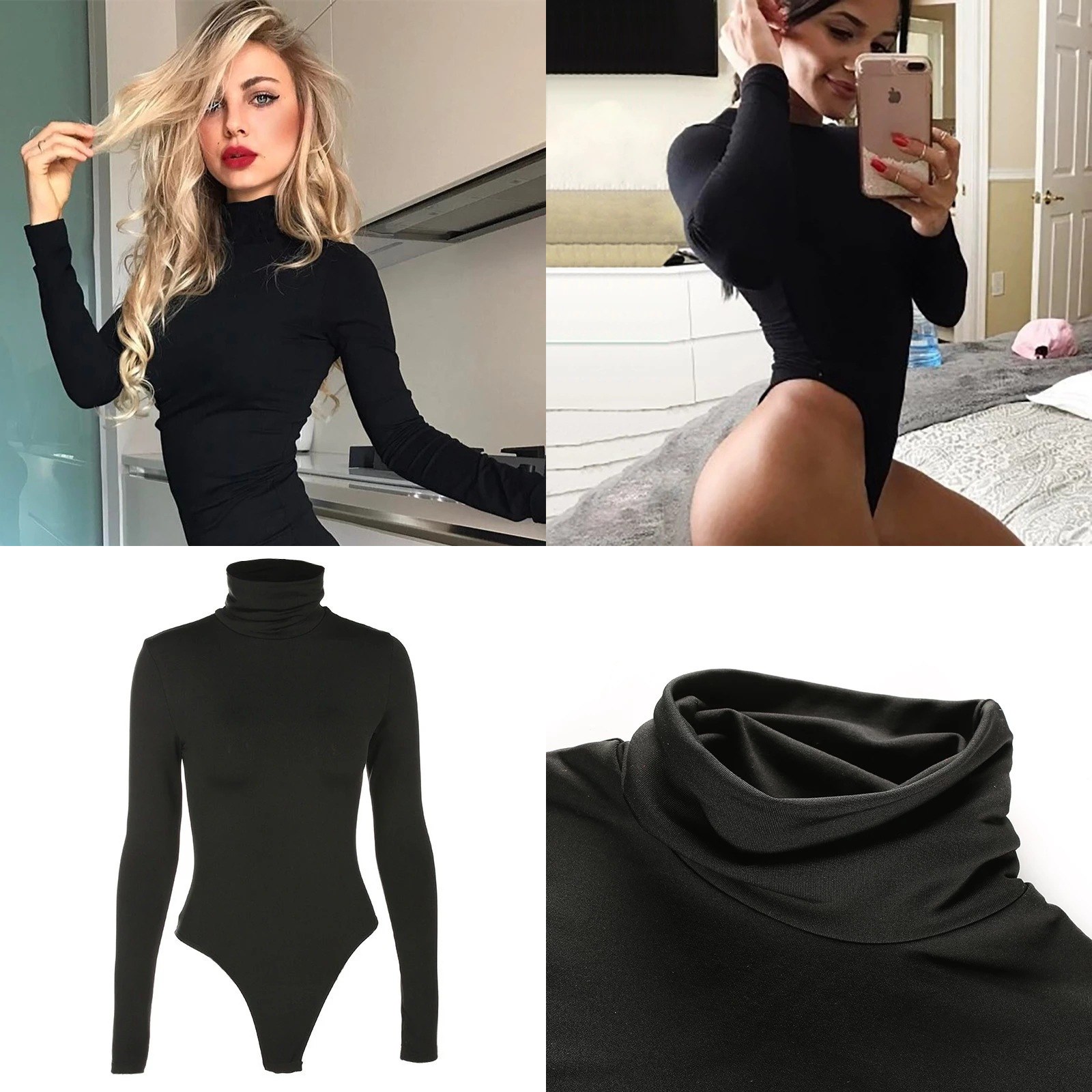 Turtleneck Bodysuit Office - บอดี้สูทคอเต่าผู้หญิง แขนยาว สีพื้น เรียบง่าย บอดี้สูท จั๊มสูท