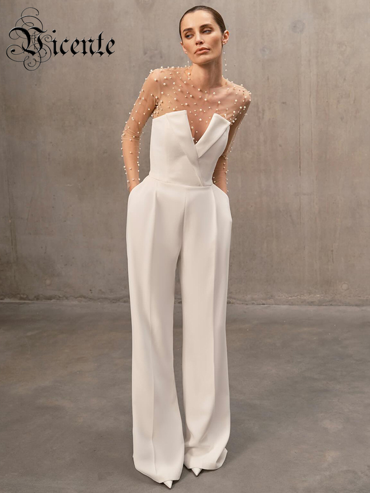 Women'S Formal Jumpsuit Evening Wear - ชุดบอดี้สูท2ชิ้นเสื้อแขนยาวประดับมุกและจั๊มสูทแขนยาวสีขาวแนวสตรีท VC