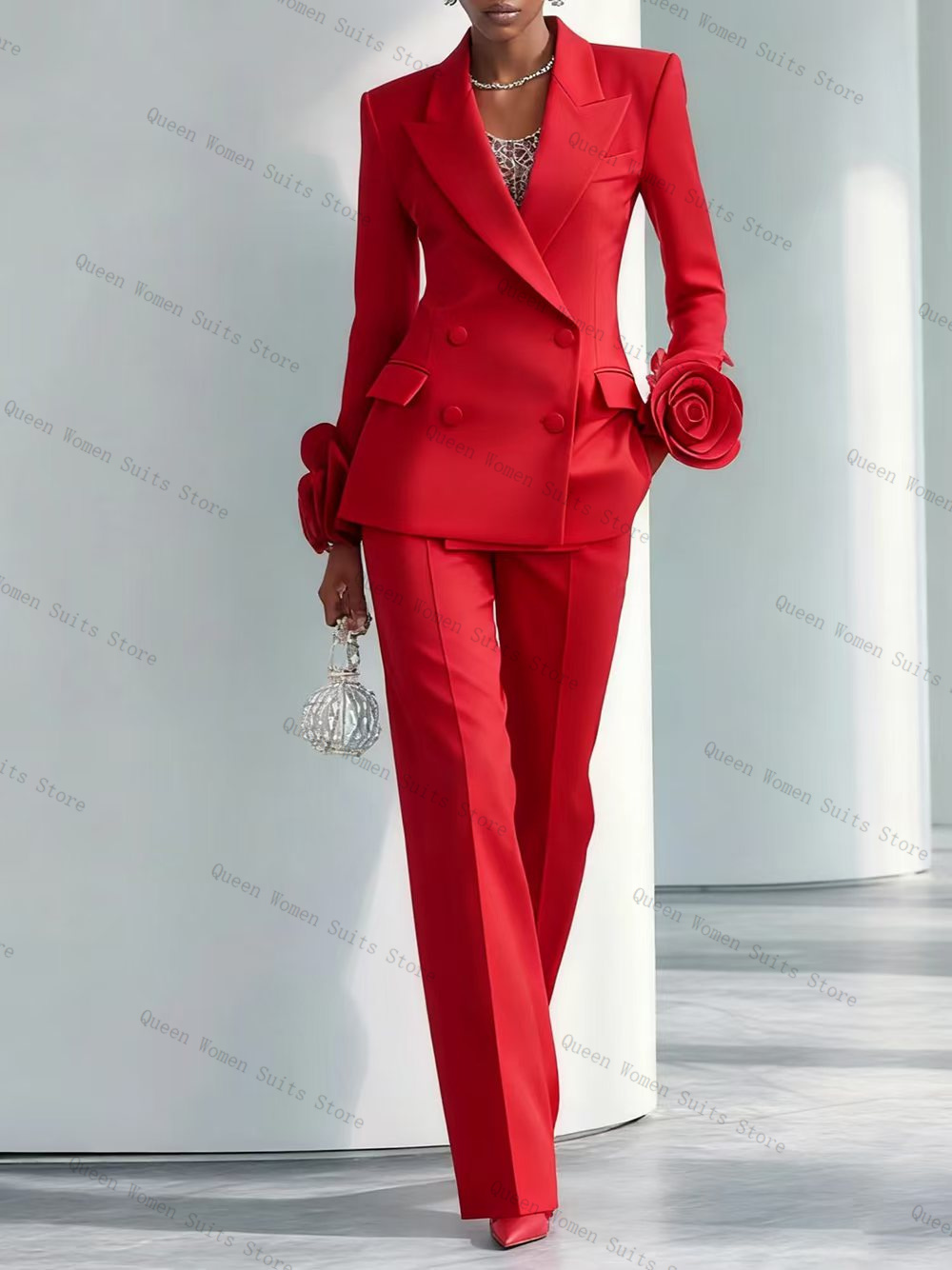 Women Formal Wear Blazer Set - ชุดสูทผู้หญิงสีแดงสุดหรู 2 ชิ้น เสื้อเบลเซอร์+กางเกงขายาว ลายดอกไม้ 3