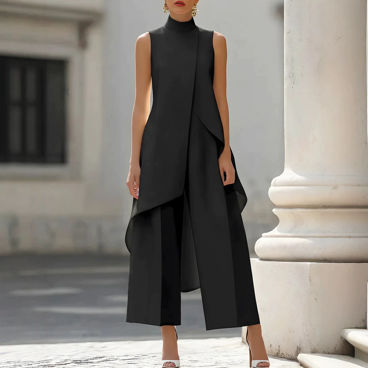Women'S Formal Jumpsuit Evening Wear - จั๊มสูทแขนกุดคอสูงทรงเอ ไซส์ใหญ่ สำหรับผู้หญิง ทรงขากว้าง ชุดราตรี ทรงเข้ารูป