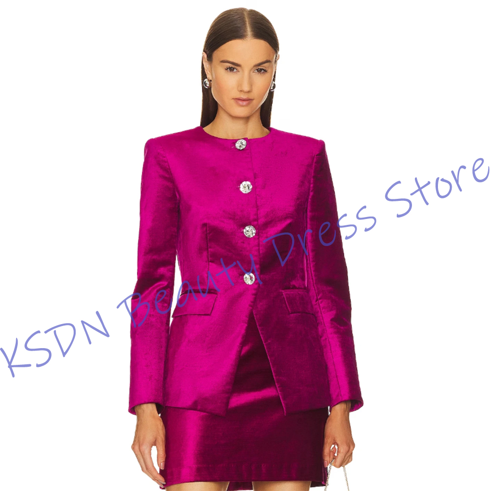 Women Formal Wear For Party - ชุดสูทผู้หญิงแบบกระดุมแถวเดียว สีชมพูสด ผ้าซาติน สองชิ้น (เสื้อแจ็คเก็ต+กระโปรงสั้น) ชุดทำงานสุดหรู