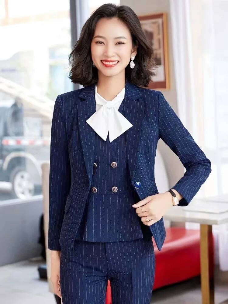 Women Formal Wear For Interview - ชุดสูททำงานลายทางสำหรับผู้หญิง สไตล์ทางการ เหมาะสำหรับใส่ทำงานในออฟฟิศ ชุดเบลเซอร์สำหรับฤดูใบไม้ร่วงและฤดูหนาว ชุดสัมภาษณ์งาน
