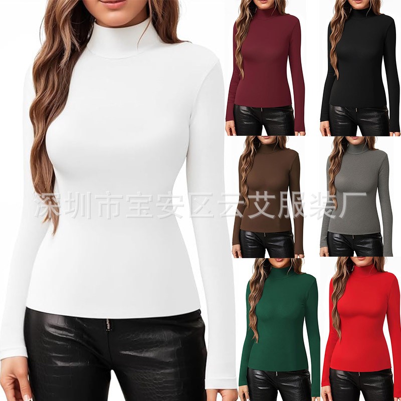 Turtleneck Bodysuit Office - เสื้อยืดคอเต่าสีพื้นสำหรับผู้หญิง เสื้อผ้าผู้หญิงลำลอง ทรงเข้ารูป ยืดหยุ่นได้