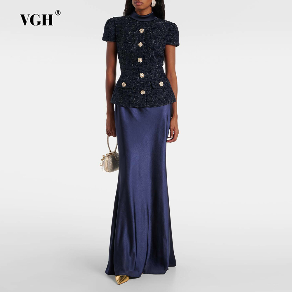 Female Formal Wear - VGH Chic 2 ชิ้นชุดผู้หญิงคอสั้นแขน Spliced กระเป๋า