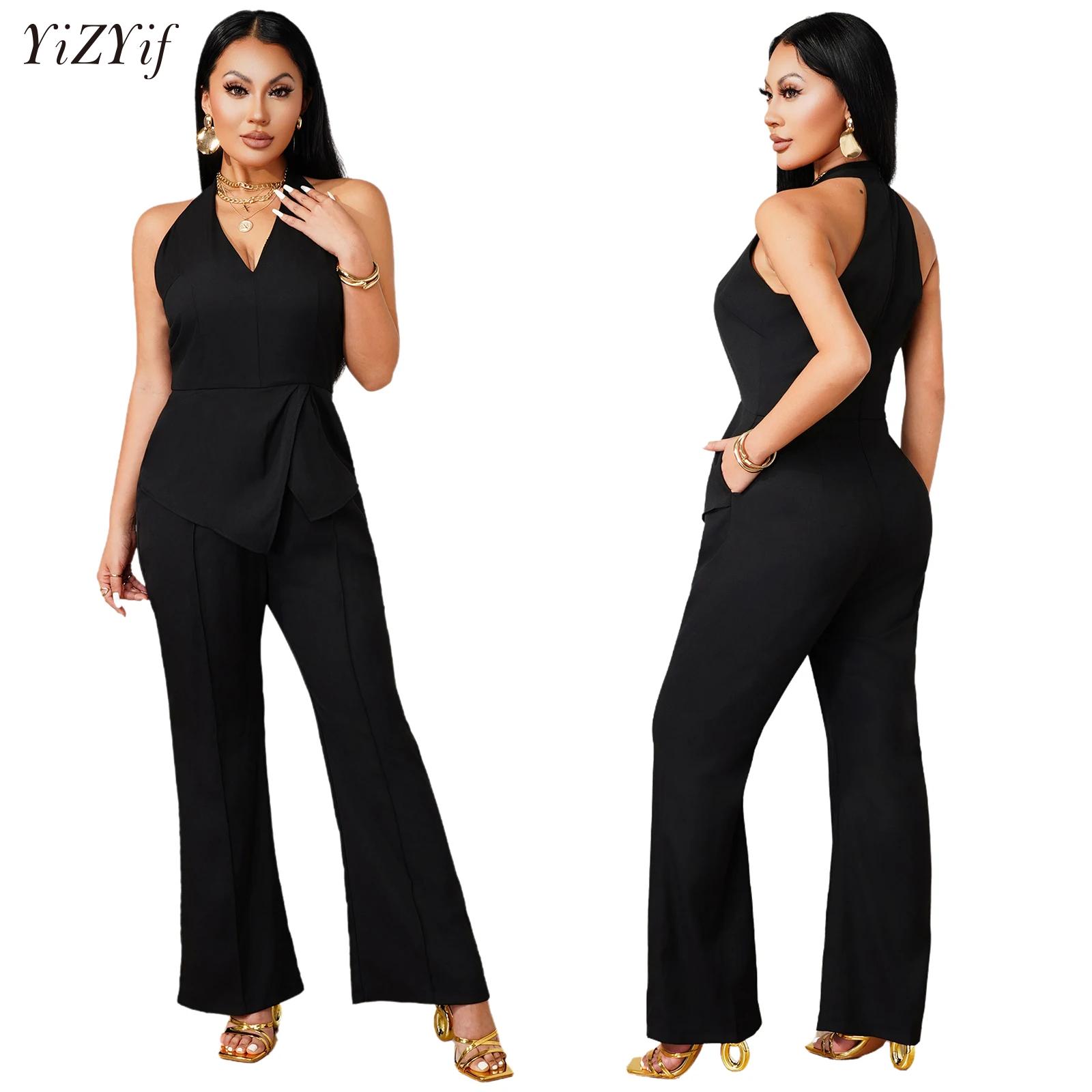 Women'S Formal Jumpsuit Evening Wear - จั๊มสูทคอวีแขนกุดพร้อมดีไซน์ผ้าคลุมแบบไม่สมมาตร ขากว้างทรงคูลอตต์ ชุดบอดี้สูทแบบเลเยอร์ ชุดราตรีหรูหราสำหรับผู้หญิง