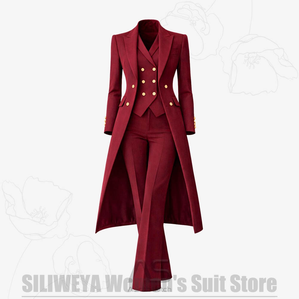 Women Formal Wear For Party - ชุดสูทผู้หญิง 3 ชิ้น แบบกระดุมสองแถว เสื้อโค้ทยาว เสื้อกั๊ก
