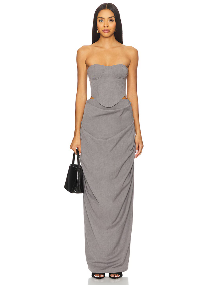Female Formal Wear - ชุดเดรสสีเทาแบบเปิดไหล่ คอร์เซ็ตรัดรูป รุ่นปี 2026 ชุดราตรีหรูหราสำหรับผู้หญิง ชุดออกงานกลางคืน