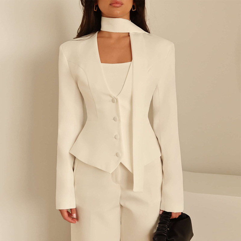 Women'S Formal Wear Wedding Guest - ชุดสูทผู้หญิงสำหรับฤดูใบไม้ร่วง แบบ 1 ชิ้น เสื้อเบลเซอร์สั้นพร้อมผ้าพันคอ ผ้าฝ้าย