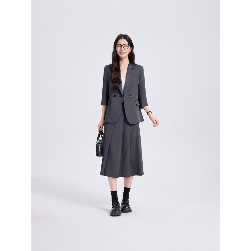 Women Formal Wear For Interview - ชุดสูทสีน้ำเงินกรมท่าสำหรับผู้หญิง สำหรับฤดูใบไม้ผลิและฤดูใบไม้ร่วง ชุดทำงานสัมภาษณ์แบบมืออาชีพ แขนสามส่วน สองชิ้น