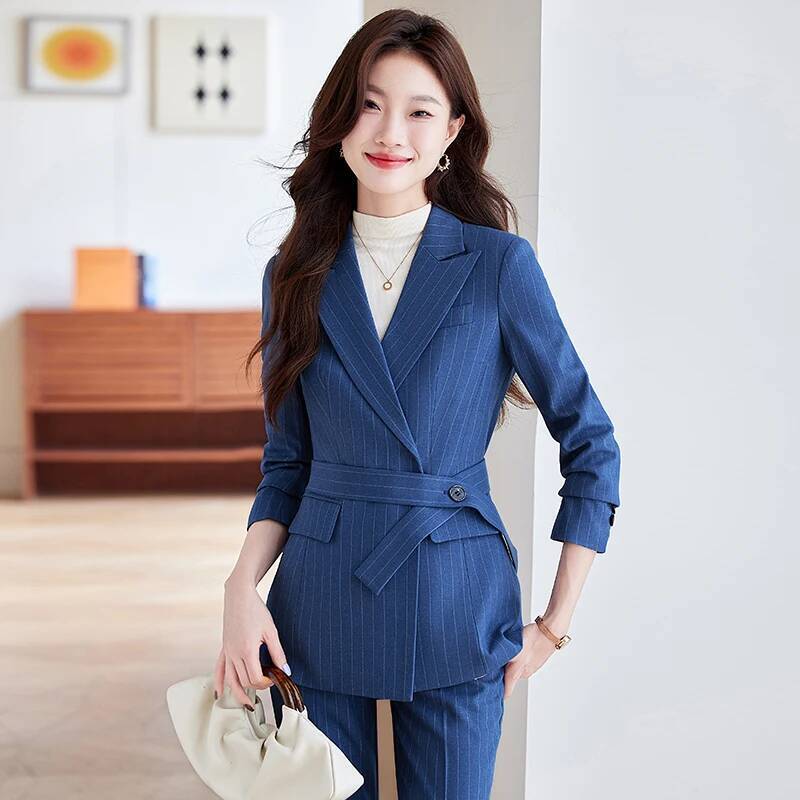 Women Formal Wear For Interview - ชุดสูทผ้าคุณภาพสูง ลายทางหรูหรา สำหรับฤดูใบไม้ร่วงและฤดูหนาว เหมาะสำหรับงานสัมภาษณ์งาน ชุดกางเกงขายาวสำหรับผู้หญิง พร้อมเสื้อเบลเซอร์แบบมืออาชีพ