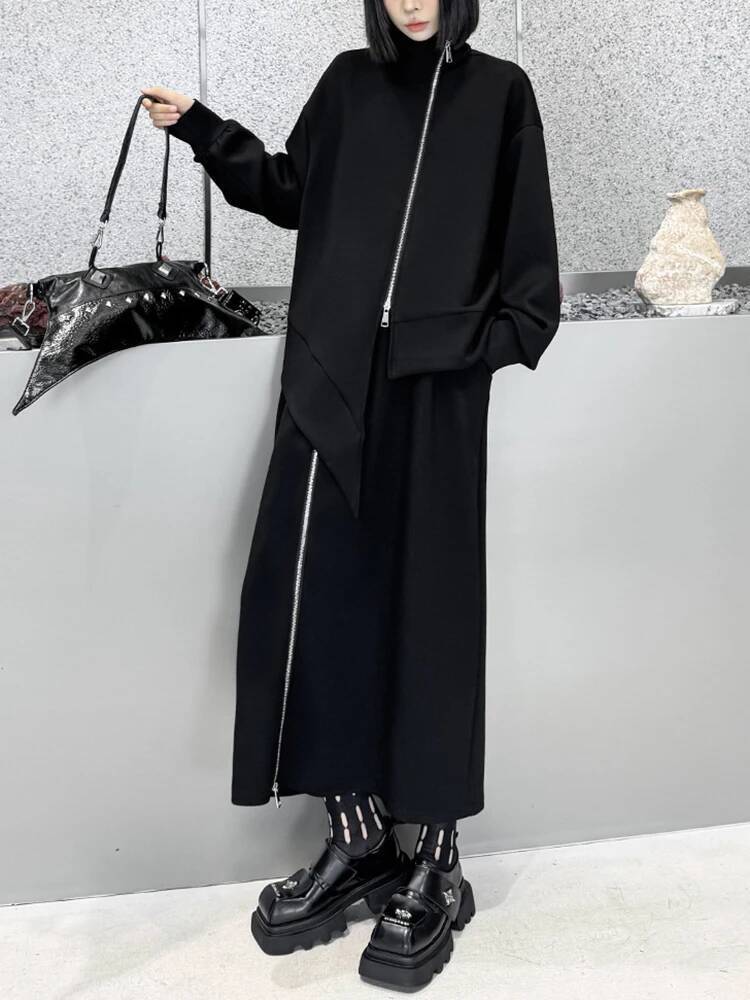 Turtleneck Bodysuit Office - ชุดเซ็ตสองชิ้น เสื้อซิปแขนยาวคอเต่า กระโปรงครึ่งตัว แฟชั่นผู้หญิง สไตล์ทันสมัย สำหรับฤดูใบไม้ผลิและฤดูใบไม้ร่วง