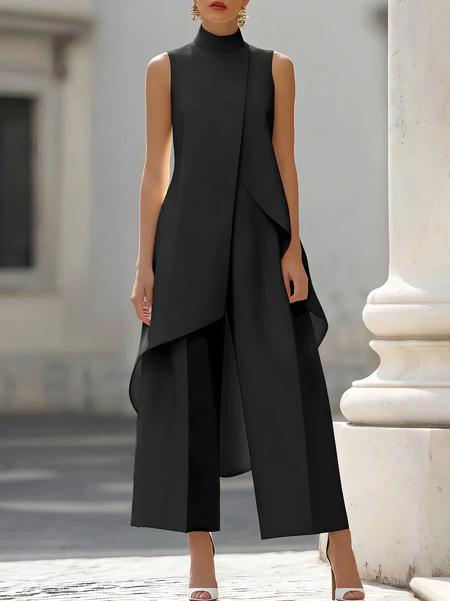 Women'S Formal Jumpsuit Evening Wear - จั๊มสูทแขนกุดคอสูงแบบอสมมาตร แต่งผ้าซ้อนทับ กางเกงขายาวทรง Palazzo สง่างาม เหมาะสำหรับงานเลี้ยงตอนเย็นสำหรับผู้หญิง