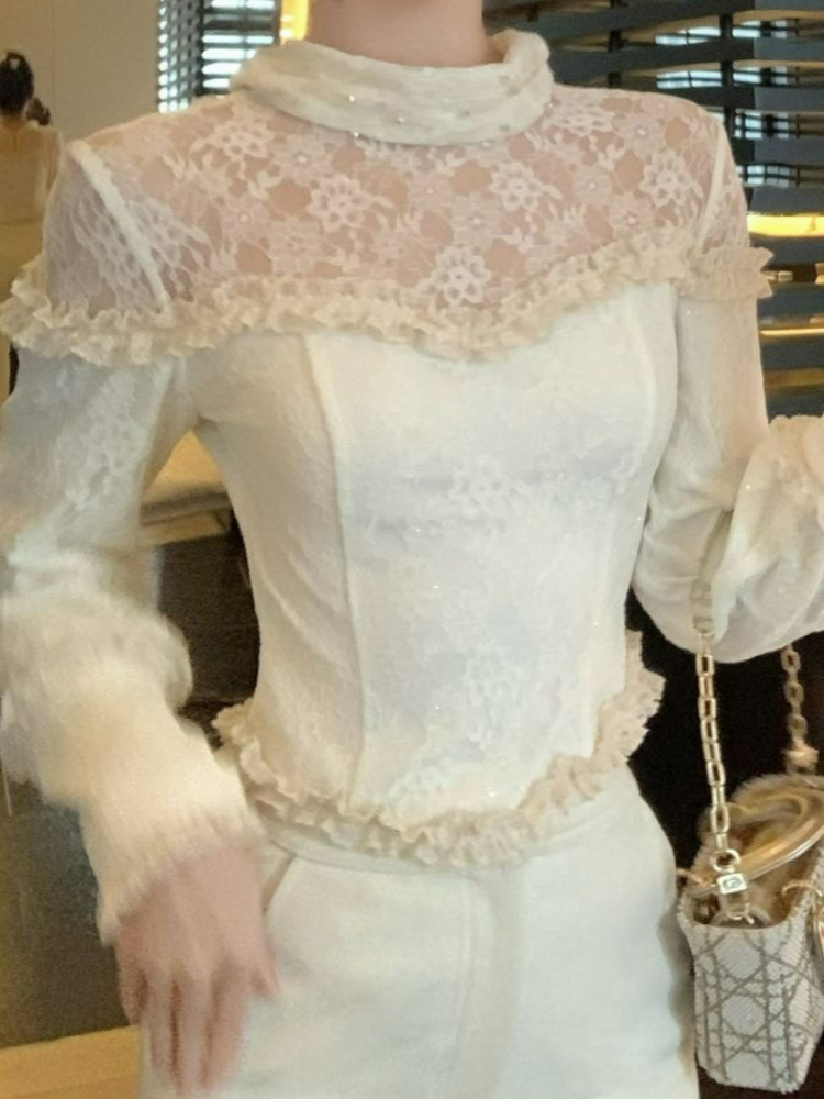 Turtleneck Bodysuit Office - บอดี้สูทแขนยาวประดับลูกปัด ดีไซน์หรูหรา เสื้อลูกไม้ผู้หญิง เสื้อโครเชต์ เสื้อชีฟองตาข่าย เสื้อผ้าผู้หญิง