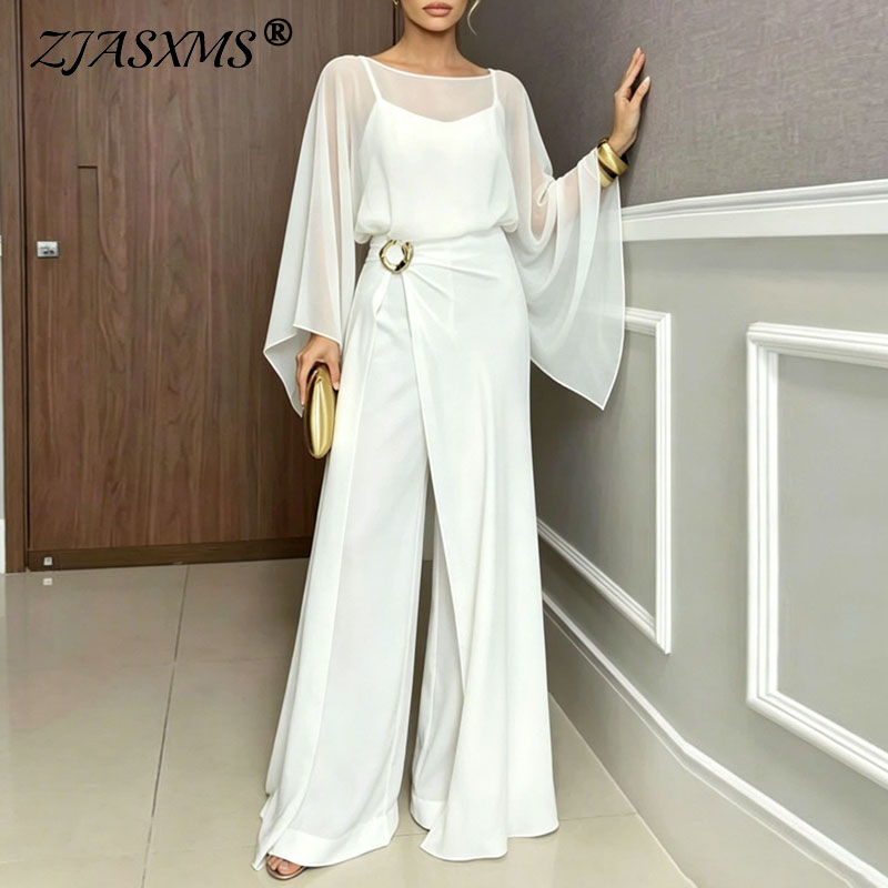 Female Formal Wear - ชุดจั๊มสูทผู้หญิงแบบเป็นทางการ 2 ชิ้น ชุดเซ็ตแขนบานผ้าซีทรู เอวสูง ผ่าข้าง