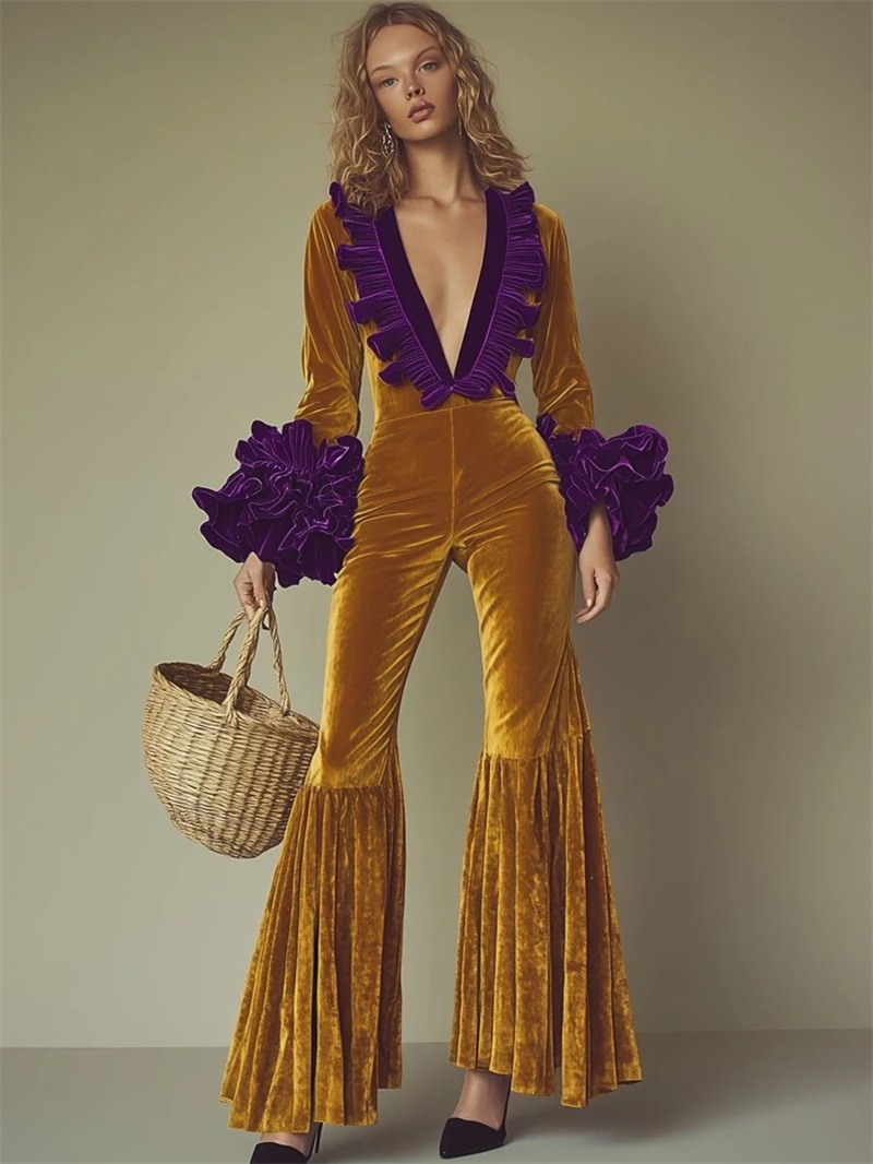 Women'S Formal Jumpsuit Evening Wear - จั๊มสูทกำมะหยี่สีเหลืองม่วงสำหรับผู้หญิง คอวี แขนยาว ทรงขาบาน เหมาะสำหรับงานแต่งงาน งานเลี้ยงวันเกิด