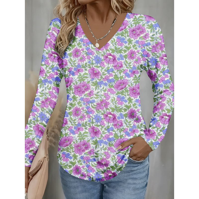 Women'S Formal Wear Wedding Guest - เสื้อผู้หญิงคอวีแขนยาวลายพิมพ์ทั่วตัว สีม่วงน้ำเงิน เสื้อยืดคอวีสำหรับงานแต่งงาน ใส่ได้ทุกฤดูกาล ซักเครื่องได้