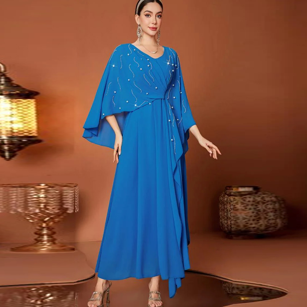 Women'S Formal Wear Wedding Guest - ชุดราตรีหรูหรา คอวี แขนเสื้อคลุมประดับลูกปัดและคริสตัล ช่วงเอวบิดเกลียว ชุดออกงานสำหรับผู้หญิง สามารถสั่งตัดได้