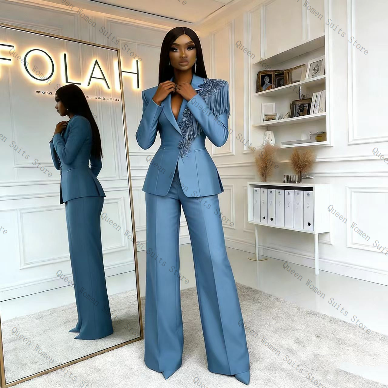 ชุดสูทผู้หญิงสีน้ำเงินประดับพู - Women Formal Wear Blazer Set บทวิจารณ์และราคา