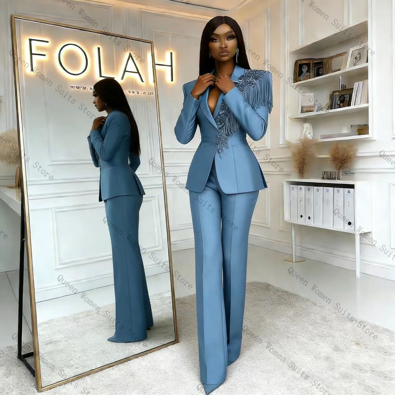 ชุดสูทผู้หญิงสีน้ำเงินประดับพู - Women Formal Wear Blazer Set บทวิจารณ์และราคา