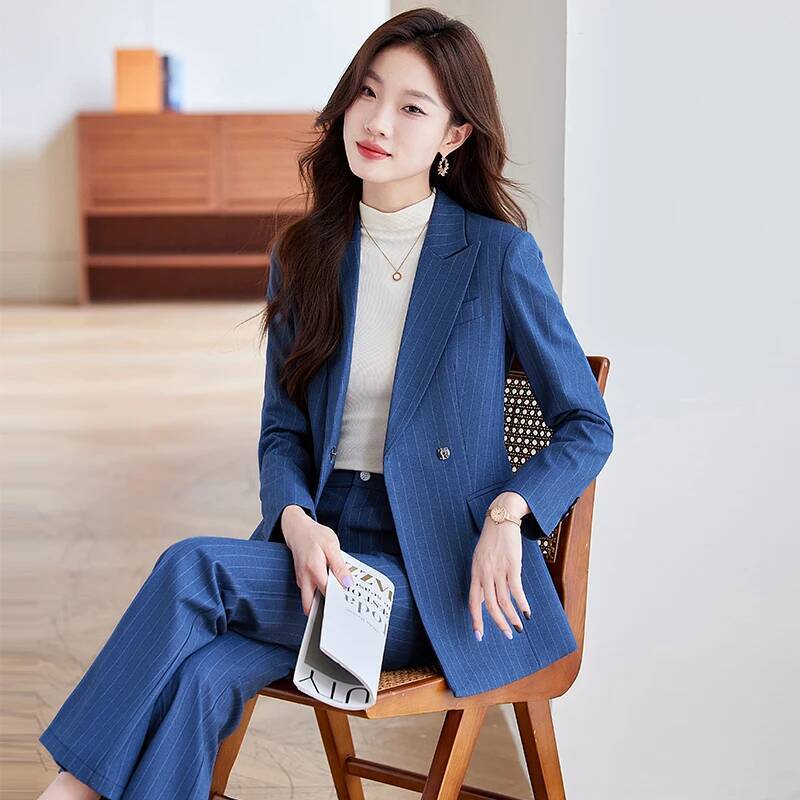 ชุดสูทผ้าคุณภาพสูง ลายทางหรูหร - Women Formal Wear For Interview บทวิจารณ์และราคา