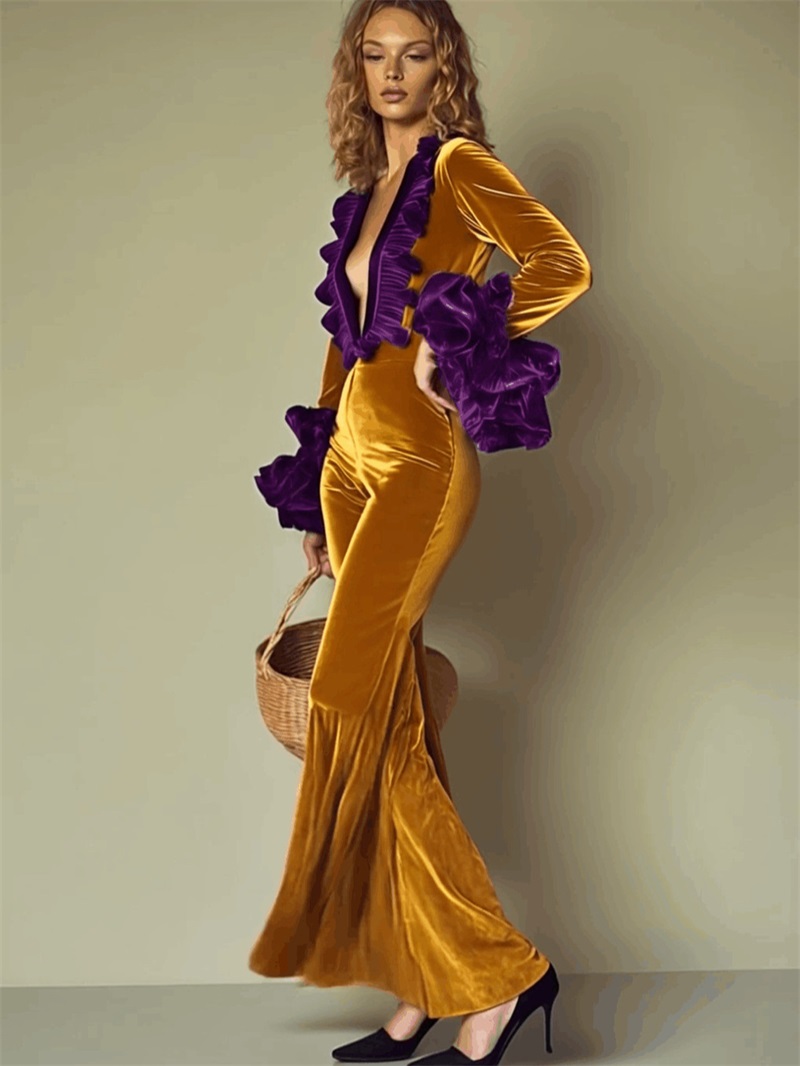 จั๊มสูทกำมะหยี่สีเหลืองม่วงสำห - Women'S Formal Jumpsuit Evening Wear บทวิจารณ์และราคา